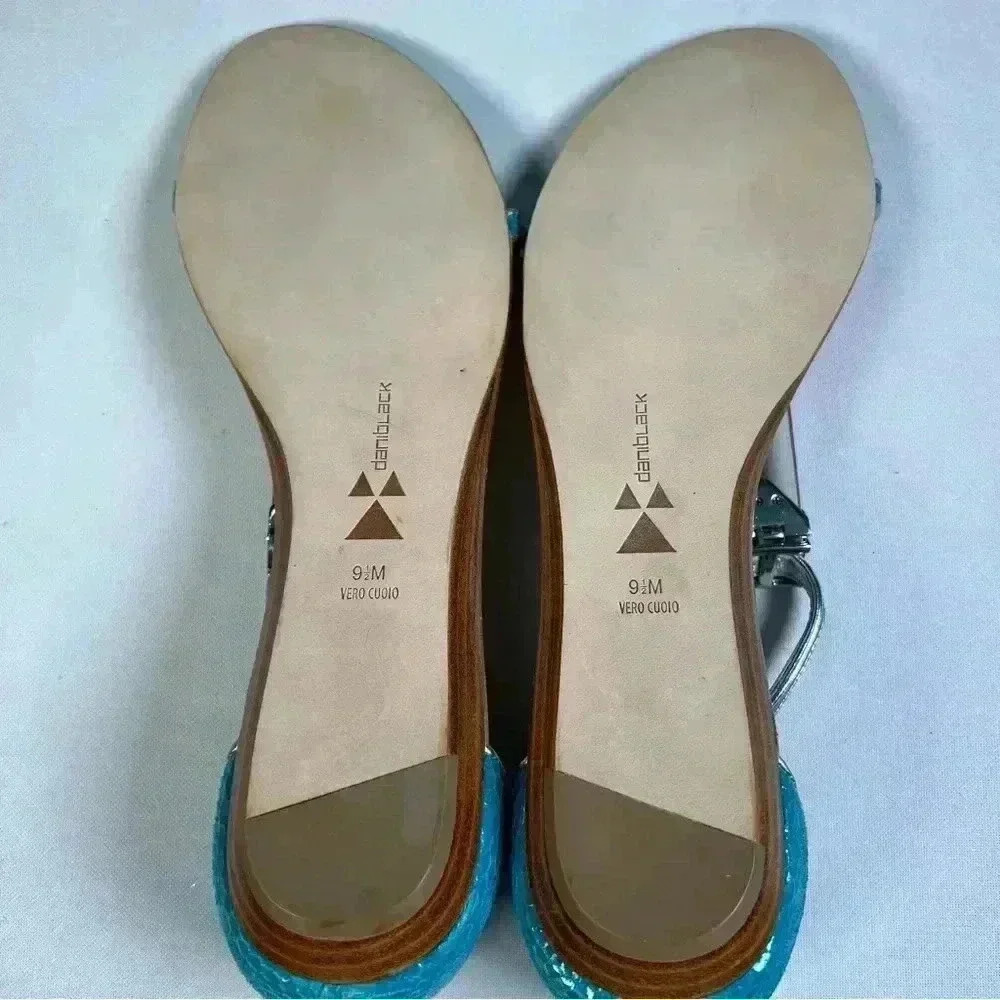 Dani Black turquoise/silver snake flat sandals clear bar between straps Sz 9.5 - Picture 12 of 13